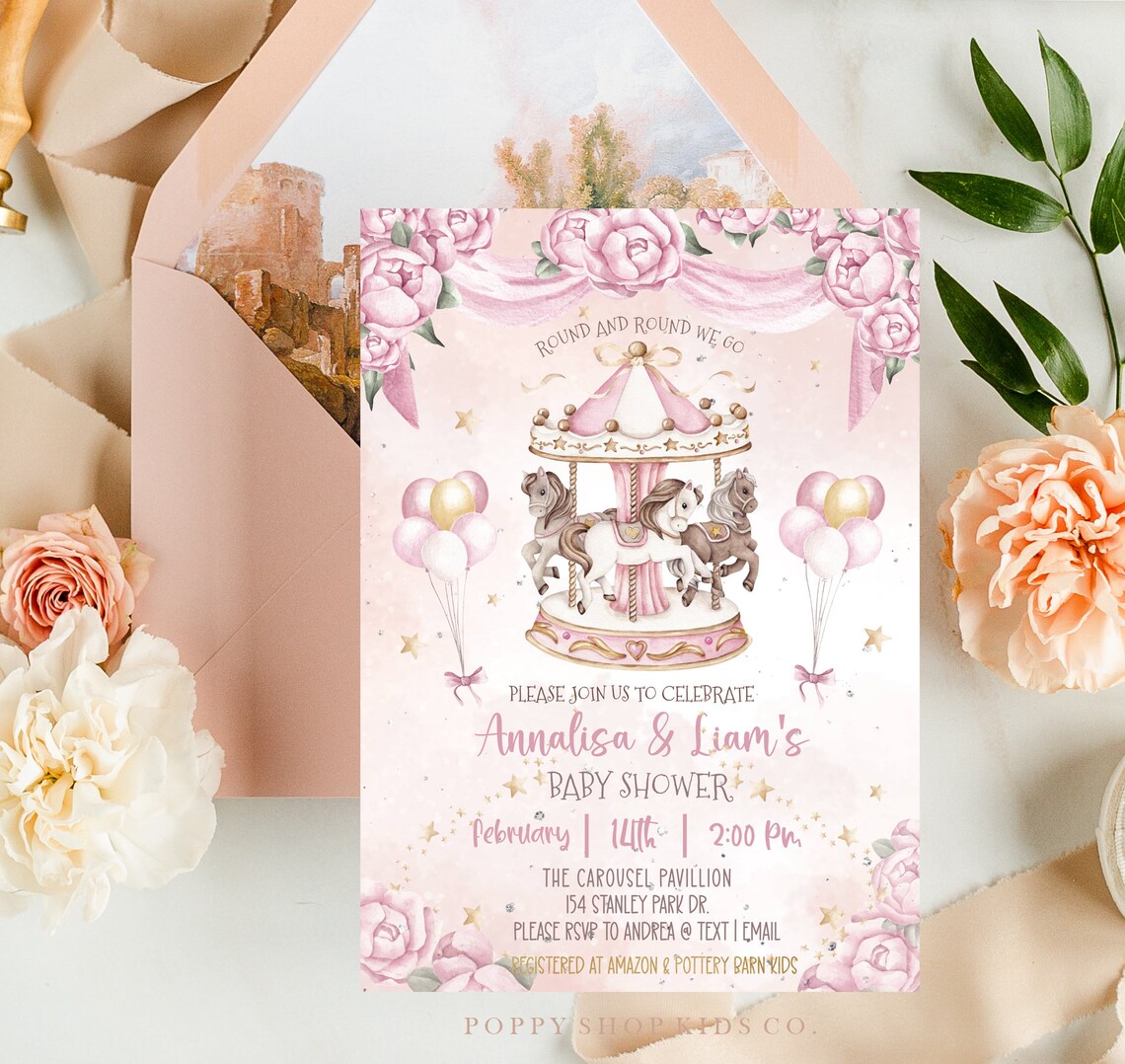 Pink Carousel Roses Magical Pink Roses Carousel Baby Shower Invitation INSTANT DOWNLOAD ...