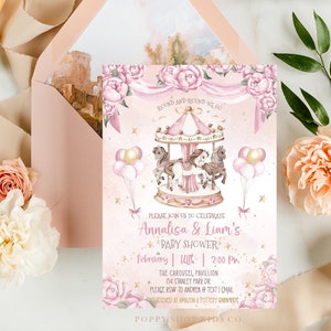 Magical Pink Roses Carousel Baby Shower Invitation INSTANT DOWNLOAD | Carousel Ponies | Pink Gold | Magical Carousel, Templett,