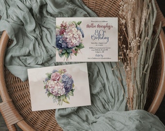 May include: Invitation to Millie Murphy's 80th birthday party, featuring a watercolor illustration of a bouquet of pink and purple flowers. The party will be held at Hillcrest Community Centre on August 19th at 2 pm in Calgary, AB. Hosted by Millie's children and grandchildren.