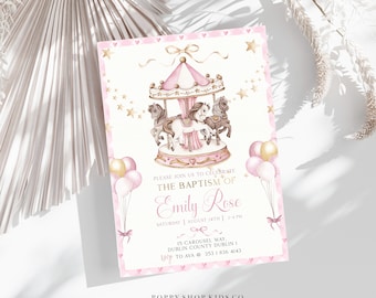 Taufe Einladung - Rosa Gold Karussell INSTANT DOWNLOAD | Rosa Gold | Karussell Pony | Baby Mädchen Taufe Templett,