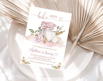 May include: Pink and gold birthday party invitation with a watercolor illustration of a stand mixer, rolling pin, and other baking tools. The text reads "Let's bake" and "Addison is turning 7!"