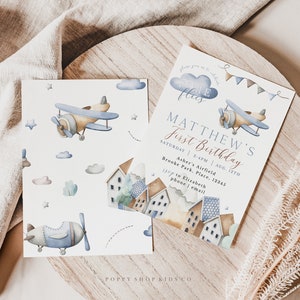 Vintage Airplane First Birthday Invitation | INSTANT DOWNLOAD | Vintage Airplane theme | Time Flies | 1st birthday | Templett  Download