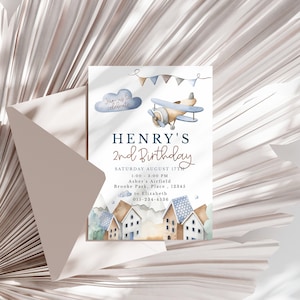 Vintage Airplane Second Birthday Invitation | INSTANT DOWNLOAD | Vintage Airplane theme | Time Flies | 2nd birthday | Templett  Download