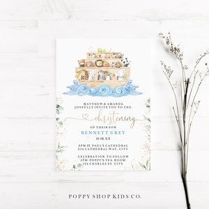 Christening Invitation - Noah&#39;s Ark INSTANT DOWNLOAD / Eucalyptus Green Blue & Gold  / Noah&#39;s Ark  Baptism Baby Templett,
