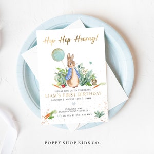 Hop Hop Hooray Peter Rabbit  First Birthday Invitation | INSTANT DOWNLOAD | Peter Rabbit Garden Floral | Peter Rabbit Templett,