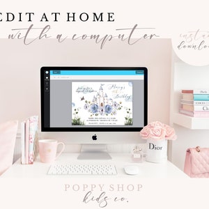 May include: A computer screen displaying a printable invitation for a girl's birthday party. The invitation features a blue and white castle with flowers and butterflies. The text on the invitation reads "Join us for a magical celebration" and "Maisy's 4th Birthday". The text "Poppy Shop Kids Co." is displayed below the computer screen.