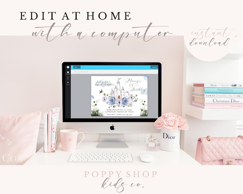 May include: A computer screen displaying a printable invitation for a girl's birthday party. The invitation features a blue and white castle with flowers and butterflies. The text on the invitation reads "Join us for a magical celebration" and "Maisy's 4th Birthday". The text "Poppy Shop Kids Co." is displayed below the computer screen.