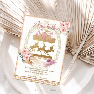 Cream Gold Pink Carousel First Birthday Invitation INSTANT DOWNLOAD | Carousel Ponies | Magical Carousel First birthday, Templett,