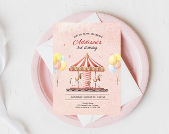 The Carousel 3rd Birthday Invitation INSTANT DOWNLOAD, / Invites Girls / 3rd birthday, girl Templett,
