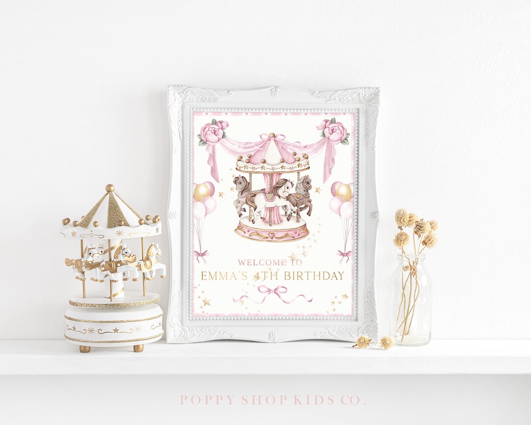 Carousel Pink Roses Pink Gold Carousel Birthday Welcome Sign 8 X 10