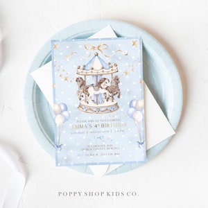 Completamente modificabile Blue Carousel 4th Birthday Invitation INSTANT DOWNLOAD / Carousel Pony / Magical Carousel Birthday, Templett,