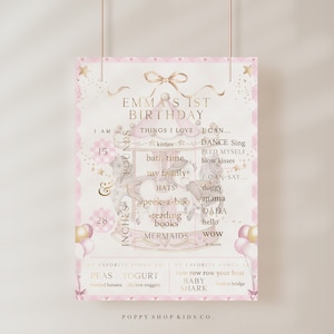 May include: Pink and gold first birthday milestone poster with a carousel illustration. The poster includes the child's name, Emma, and details about her first year, including her height and weight. The poster also lists her favorite foods and songs.