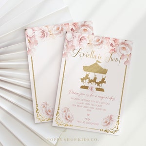 Cream Gold Pink Carousel First Birthday Invitation INSTANT DOWNLOAD | Carousel Ponies | Magical Carousel First birthday, Templett,