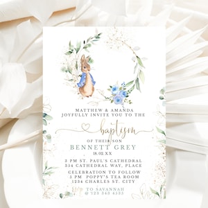 Invito al battesimo - DOWNLOAD immediato di Peter Rabbit / Eucalipto verde blu e oro / Peter Rabbit battesimo Baby Boy Templett,