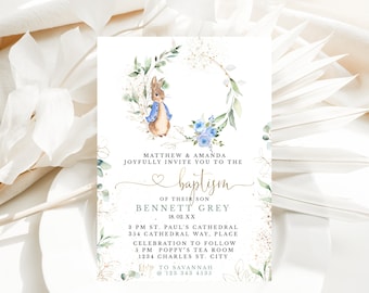 Taufeinladung - Peter Rabbit SOFORT DOWNLOAD | Eukalyptus Grün Blau & Gold | Peter Rabbit Taufe Junge Templett,