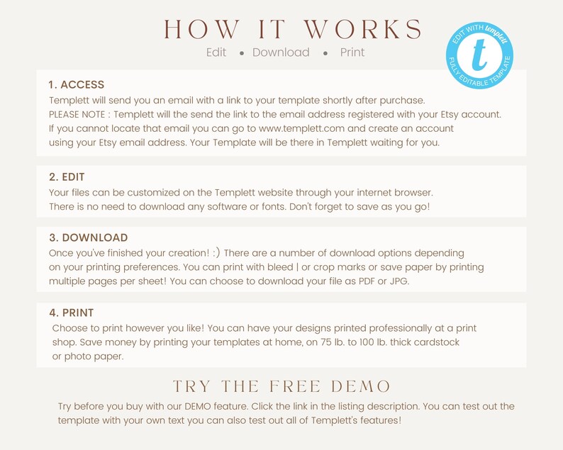K&ouml;nnte beinhalten: Eine beige Grafik mit dem Text &bdquo;HOW IT WORKS&ldquo; und Anweisungen zum Bearbeiten, Herunterladen und Drucken einer Vorlage. Die Schritte umfassen den Zugriff, die Bearbeitung, den Download und den Druck der Vorlage. Ein blauer Kreis mit dem Text &bdquo;EDIT WITH TEMPLETT&ldquo; befindet sich oben rechts.