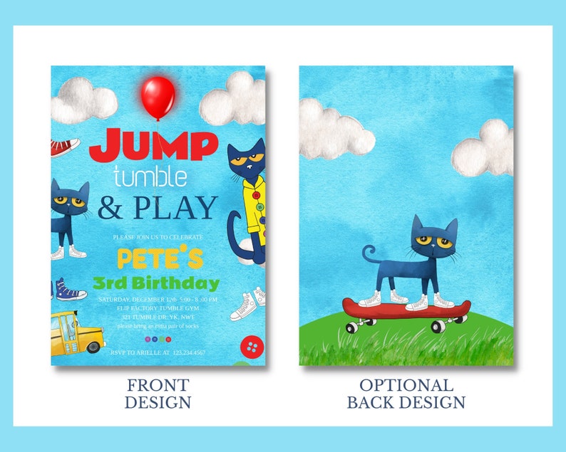 K&ouml;nnte beinhalten: Eine zweiseitige Einladung mit blauem Hintergrund. Das Frontdesign zeigt den Text "JUMP tumble & PLAY" und "PETE'S 3rd Birthday" mit Illustrationen einer blauen Katze, eines roten Ballons und eines gelben Schulbusses. Das R&uuml;ckdesign zeigt eine blaue Katze auf einem roten Skateboard.