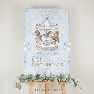 Baby Blue Polka Dot & Gold Carousel Baby Shower Welcome Sign 24 x 36&quot; | Templett INSTANT DOWNLOAD | Watercolor Carousel | Templett