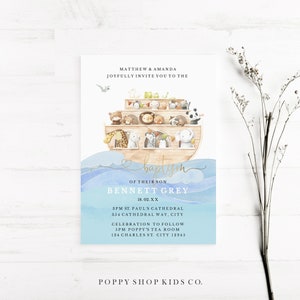 Christening Invitation - Noah&#39;s Ark INSTANT DOWNLOAD  | Watercolor Ocean Blue  |  Noah&#39;s Ark  Baptism Baby Templett,