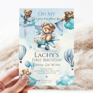 Teddy Bear - Time Has Flown First Birthday Invitation | INSTANT DOWNLOAD | Vintage Airplane theme | Time Flies | 1st birthday | Templett