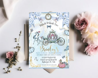 May include: A blue and gold Cinderella-themed birthday invitation with a carriage, pumpkins, and the text "Bibbidi Bobbidi Two" and "Brinley's Second Birthday".