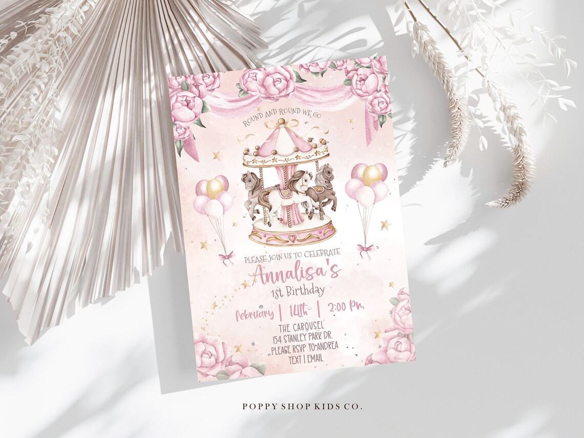 Pink Carousel Roses Magical Pink Roses Carousel Birthday Invitation INSTANT DOWNLOAD ...