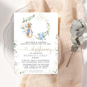 Invito di battesimo - DOWNLOAD immediato di Peter Rabbit / Eucalipto Verde Blu e Oro / Peter Rabbit Battesimo Baby Boy Templett,