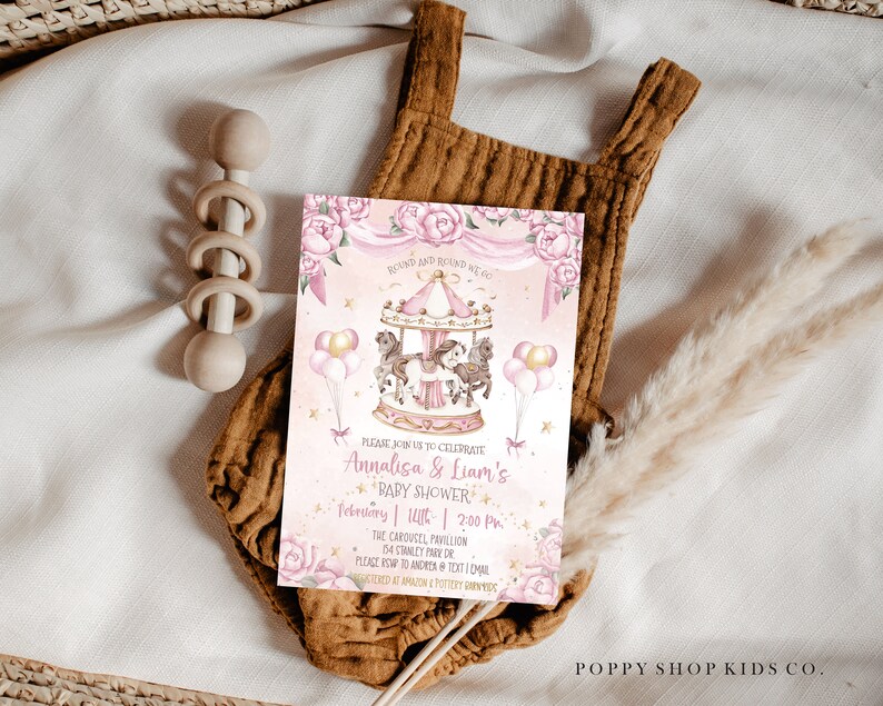 Carousel Pink Roses Magical Pink Roses Carousel Baby Shower Invitation INSTANT DOWNLOAD ...