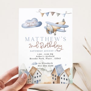 Vintage Airplane Second Birthday Invitation | INSTANT DOWNLOAD | Vintage Airplane theme | Time Flies | 2nd birthday | Templett  Download