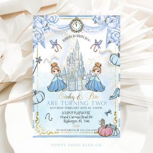 Aquarel prinses tweede verjaardag Twin Party uitnodiging INSTANT DOWNLOAD | Prinsessenfeest | 2e verjaardag Templett