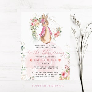 Christening Invitation - Flopsy  Bunny DOWNLOAD | Gold |  Peter Rabbit Pink, Yellow & Gold Christening | Pink Roses Baby Girl Templett,