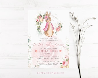 Taufeinladung Floppy Bunny DOWNLOAD | Gold | Peter Rabbit Rosa, Gelb & Gold Taufe | Rosa Rosen Baby Mädchen Templett,