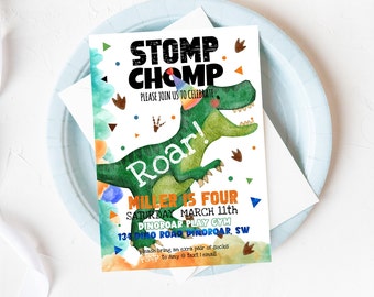 May include: A colorful dinosaur birthday party invitation with a green dinosaur wearing a party hat and the text "STOMP CHOMP Roar! MILLER IS FOUR SATURDAY MARCH 11th DINOROAR PLAY GYM 134 DINO ROAD DINOROAR, SW please bring an extra pair of socks RSVP to Amy @ text I email POPPY SHOP KIDS CO."