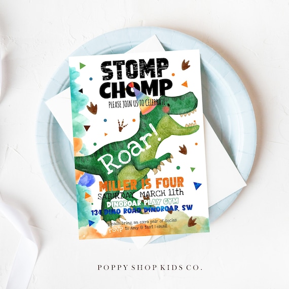 Stomp Chomp Roar Dinosaur Forth Birthday Invitation |  INSTANT DOWNLOAD |  Watercolor Dino Invite | Fully Editable Dinosaur Invite Templett,