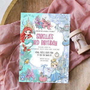 Watercolor Mermaid & Princess Invitation | INSTANT DOWNLOAD | Princess Party | 2nd 3rd 4th Birthday l Templett Download