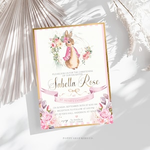 Invito al battesimo - Flopsy Bunny DOWNLOAD immediato / Rose rosa graziose in oro / Battesimo, Battesimo di Peter Rabbit / Templett,