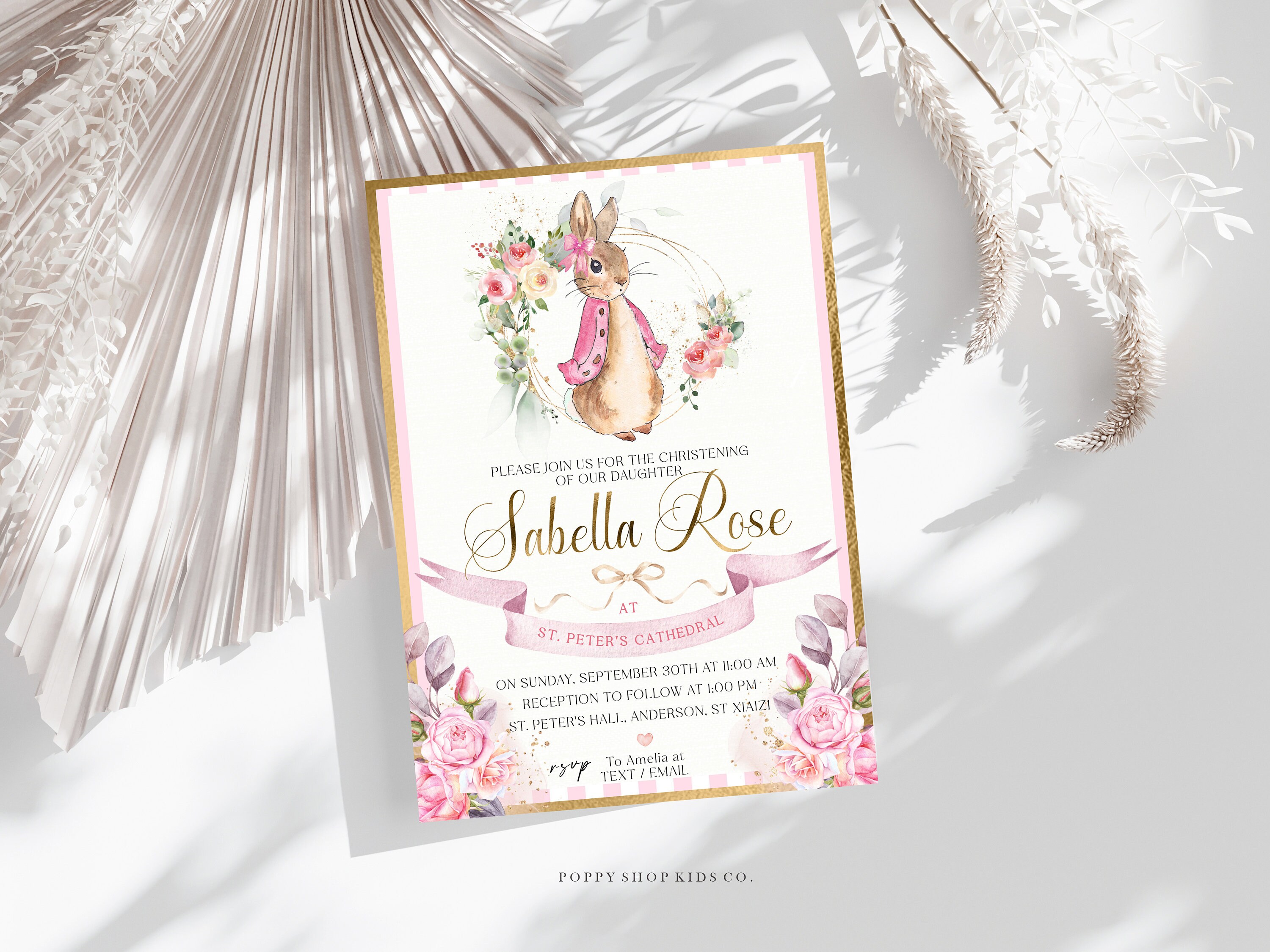 Taufeinladung - Floppy Bunny INSTANT DOWNLOAD | Rosa Rosen Hübsch in Gold | Taufe, Peter Hase Taufe | Templett,