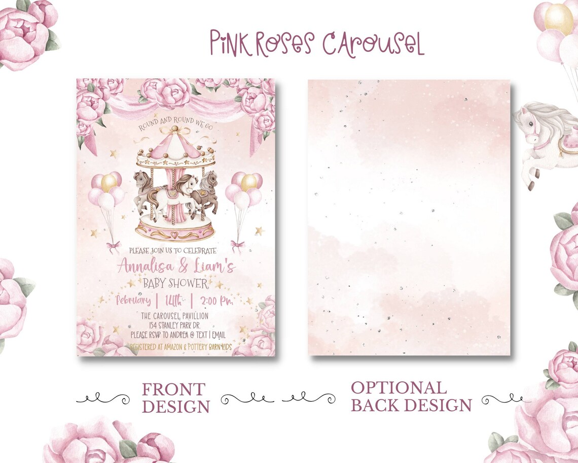 Pink Carousel Roses Magical Pink Roses Carousel Baby Shower Invitation INSTANT DOWNLOAD ...