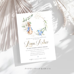 Invito di battesimo di Peter Rabbit - DOWNLOAD IMMEDIATO / Battesimo di eucalipto oro blu, Templett di battesimo di Peter Rabbit,