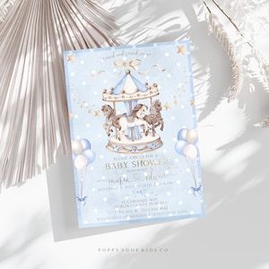 Invito per baby shower modificabile a pois blu e oro carosello DOWNLOAD IMMEDIATO / Pony carosello / Oro blu / Giostra magica, Templett,