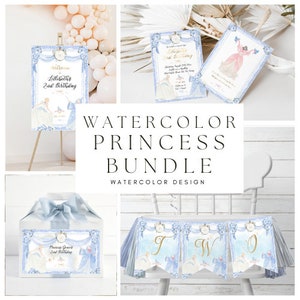 Watercolor Princess Party Bundle | INSTANT DOWNLOAD | Princess Party | 2nd Birthday l Templett Download