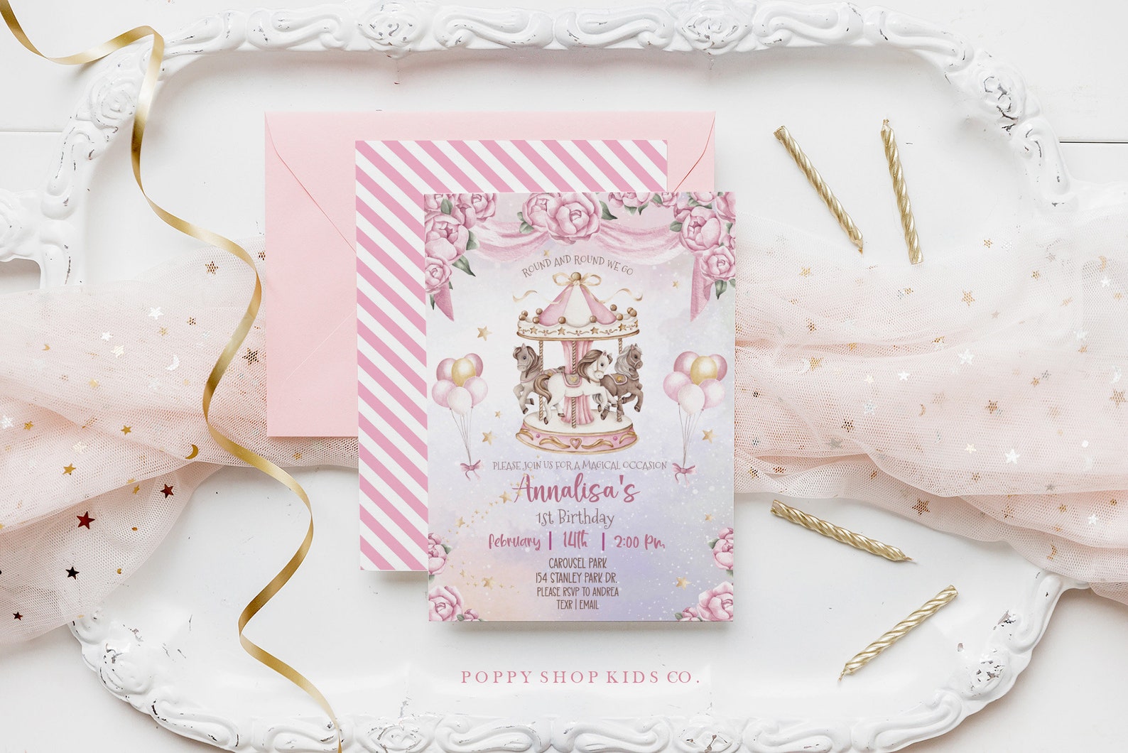 Pink Carousel Roses Magical Pink Roses Carousel Birthday Invitation INSTANT DOWNLOAD ...
