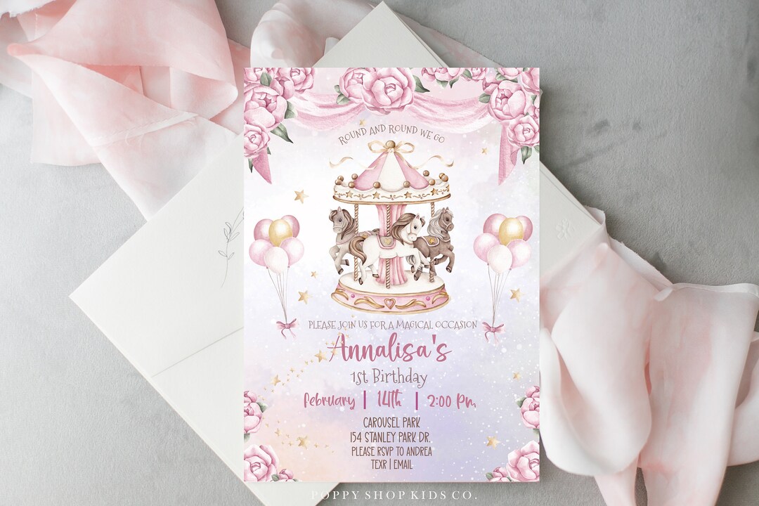 Pink Carousel Roses Magical Pink Roses Carousel Birthday Invitation INSTANT DOWNLOAD ...