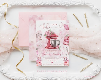 May include: Pink and red birthday party invitation with a watercolor illustration of a stand mixer, flowers, and baking tools. The text reads "Let's bake" and "Addison is turning 7!"