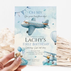 Teddy Bear - Time Has Flown First Birthday Invitation | INSTANT DOWNLOAD | Vintage Airplane theme | Time Flies | 1st birthday | Templett