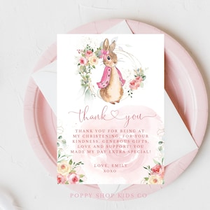 Flopsy Bunny doop dank u kaart | 5 x 7 "platte kaart | INSTANT DOWNLOAD | Roze gele rozen | Peter Rabbit doop Templett
