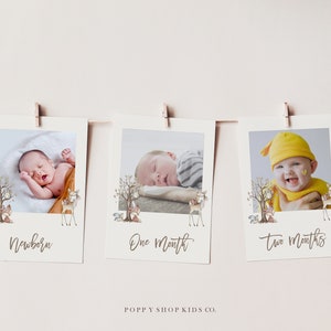Boho First Birthday Milestone Photos | Monthly Photo Banner Template | INSTANT DOWNLOAD, | Boho Baby Forest Animals | Templett.