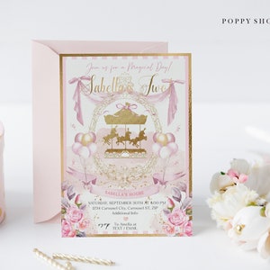 Cream Gold Pink Carousel Birthday Invitation INSTANT DOWNLOAD | Carousel Ponies | Magical Carousel First birthday, Templett,