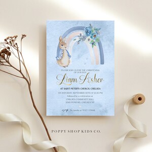 Peter Rabbit Blue Rainbow Christening Invitation - INSTANT DOWNLOAD | Blue Brown Rainbow Christening, Peter Rabbit Baptism Templett,