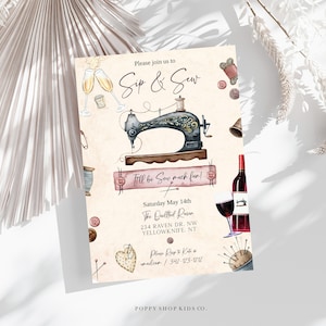 Invitation à siroter et à coudre | TÉLÉCHARGEMENT INSTANTANÉ entièrement modifiable | Faire-part de couture | Machine à coudre aquarelle et accessoires Templett,